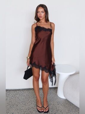 Fashion Nova Chocolate Brown Satin Slip Dress with Black Lace Trim